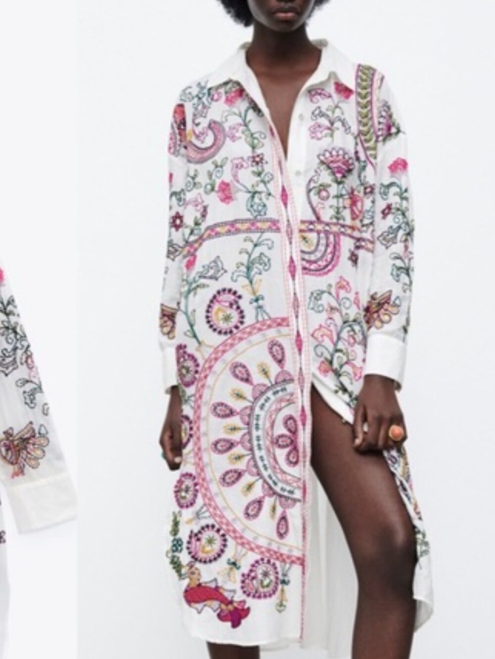 Zara Embroidered Paisley Exotic Birds Bohemian Cotton White Shirt Dress
